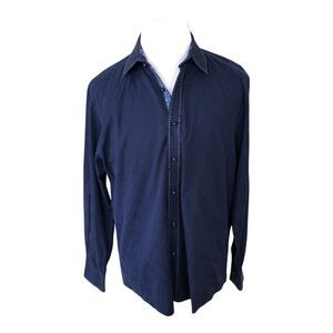 Zagiri Men Navy Long Sleeve Button Down White Stitching Emroidery Dress Shirt XL